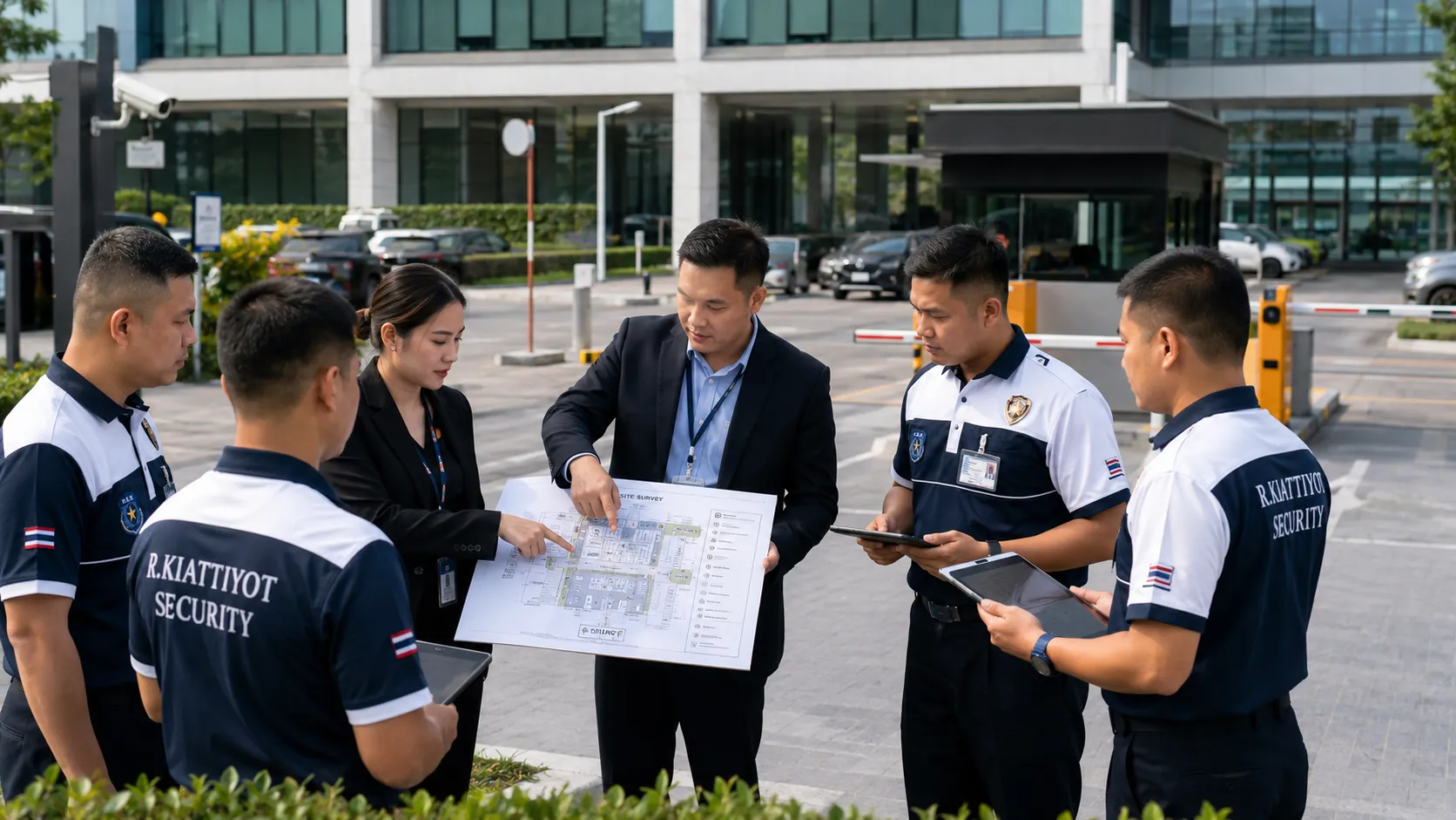 ทีม ร.เกียรติยศ สำรวจพื้นที่อาคารและลานจอดรถก่อนเสนอราคางาน รปภ