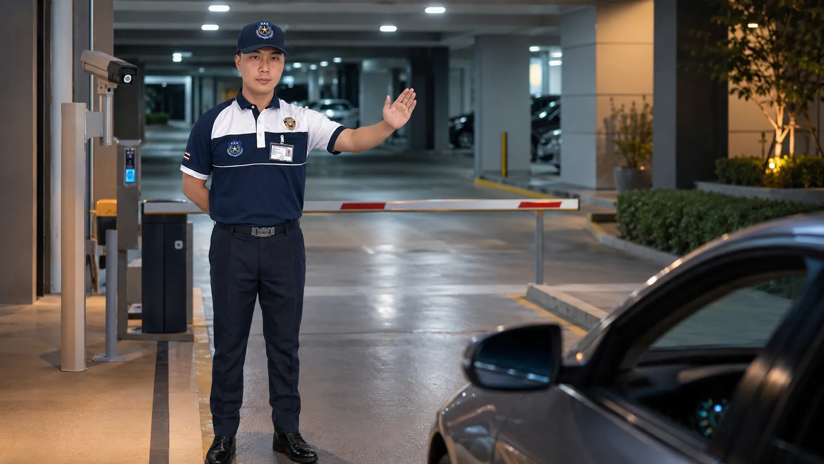 รปภ ดูแลทางเข้าออกที่จอดรถคอนโดและตรวจสอบรถผู้มาติดต่อ