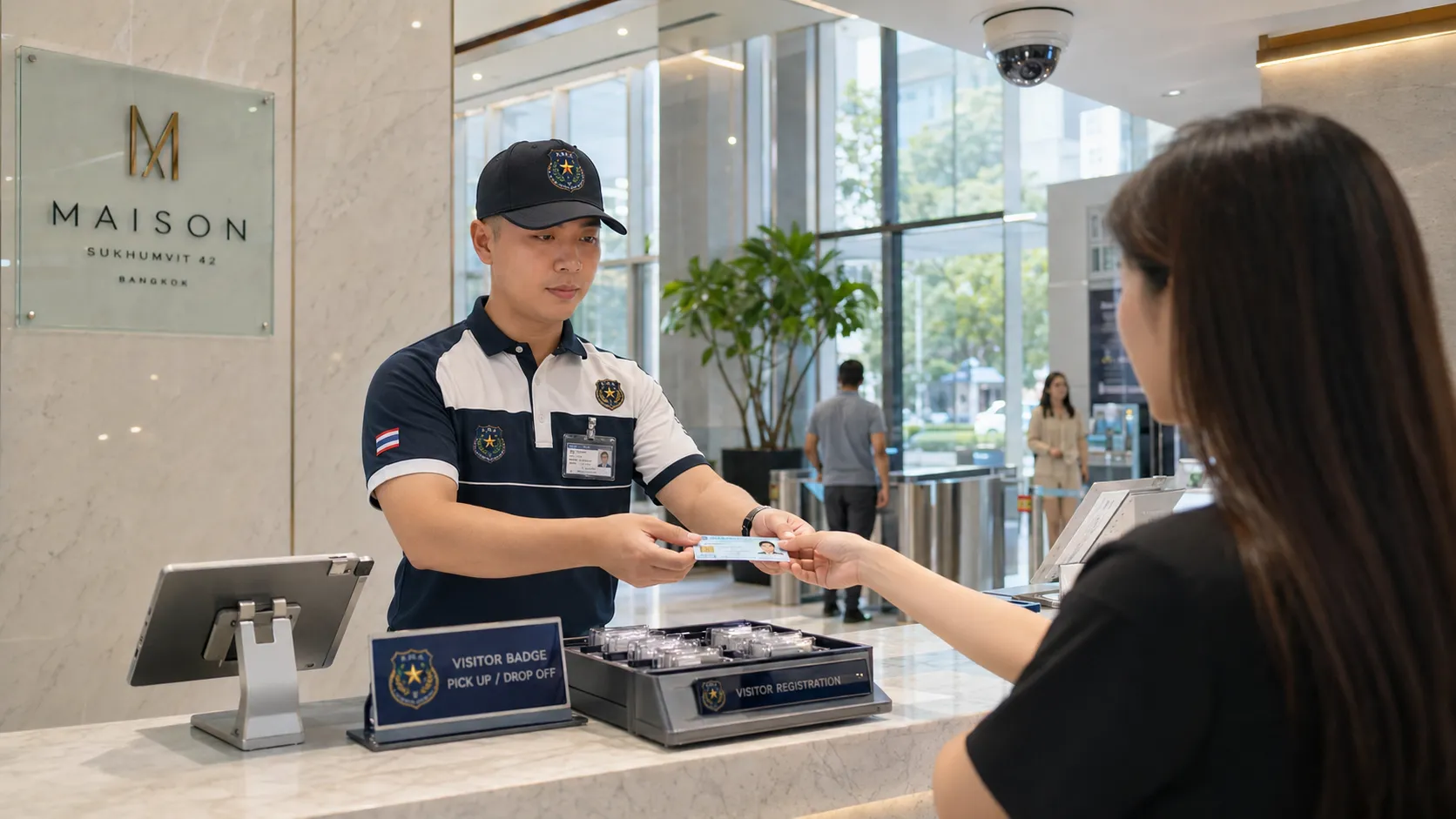 รปภ คอนโดตรวจสอบข้อมูลผู้มาติดต่อและแลกบัตรก่อนเข้าอาคาร