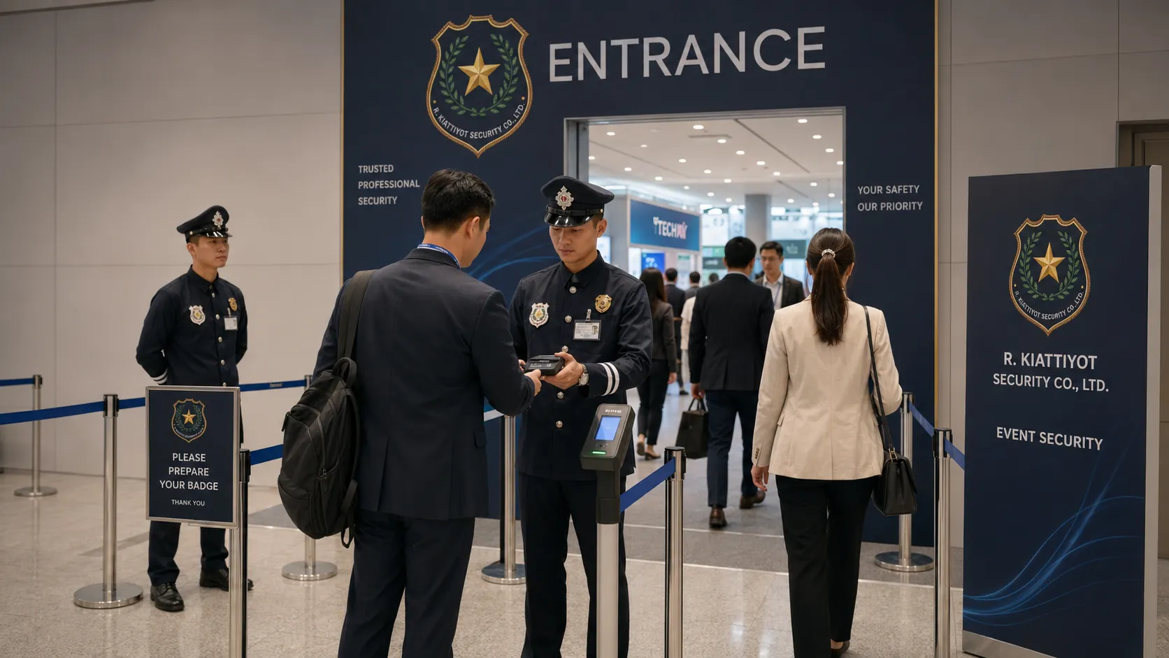 เจ้าหน้าที่ รปภ ควบคุมทางเข้าออกงานอีเวนท์และตรวจบัตรผู้ร่วมงาน