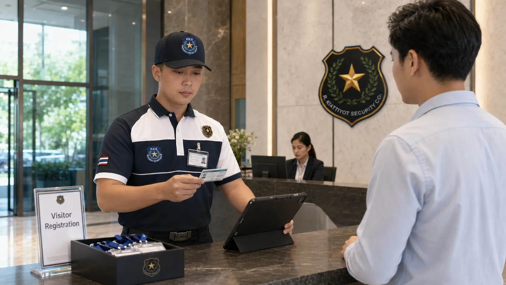 รปภ อาคารสำนักงานตรวจสอบข้อมูลผู้มาติดต่อก่อนอนุญาตให้เข้าอาคาร